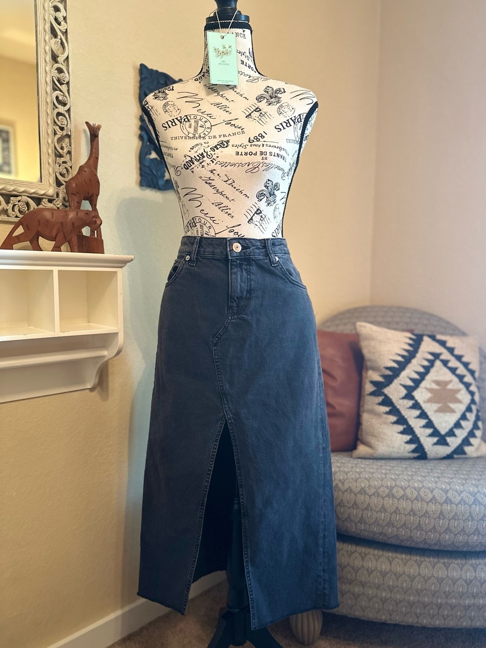 H&M Divided Women's Black Denim Midi Skirt with Front Slit